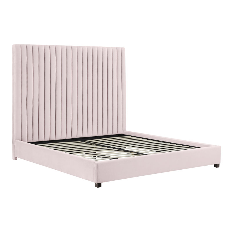 Solid Wood and Upholstered Low Profile Platform Bed, Queen, Blush