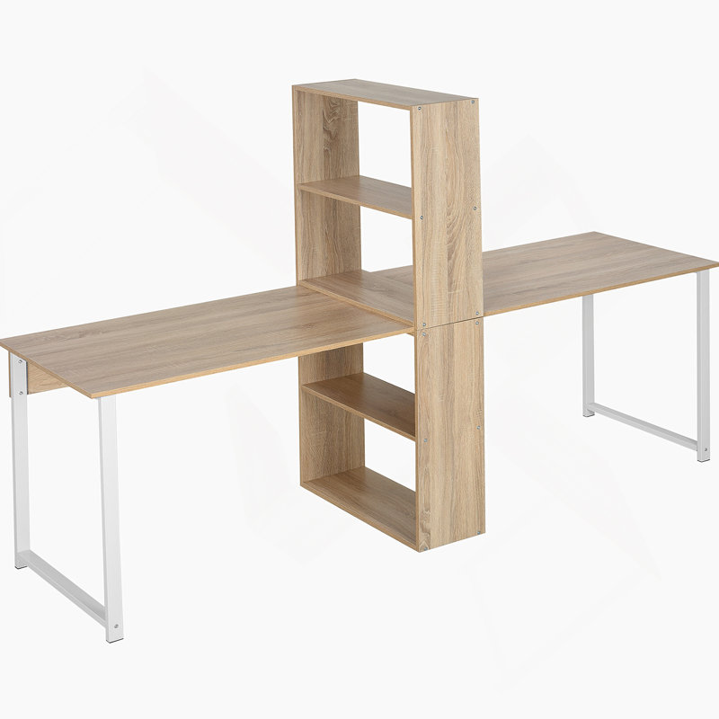 Bureau d'ordinateur avec tablettes de rangement et table de travail double, Naturel / Blanc