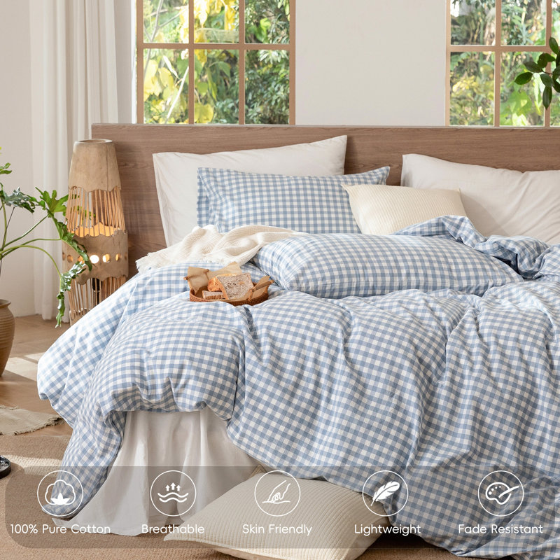 MooMee Gingham Duvet Cover Set 100% Washed Cotton Linen Like Lightweight, Queen Duvet Cover + 2 Standard Pillowcases