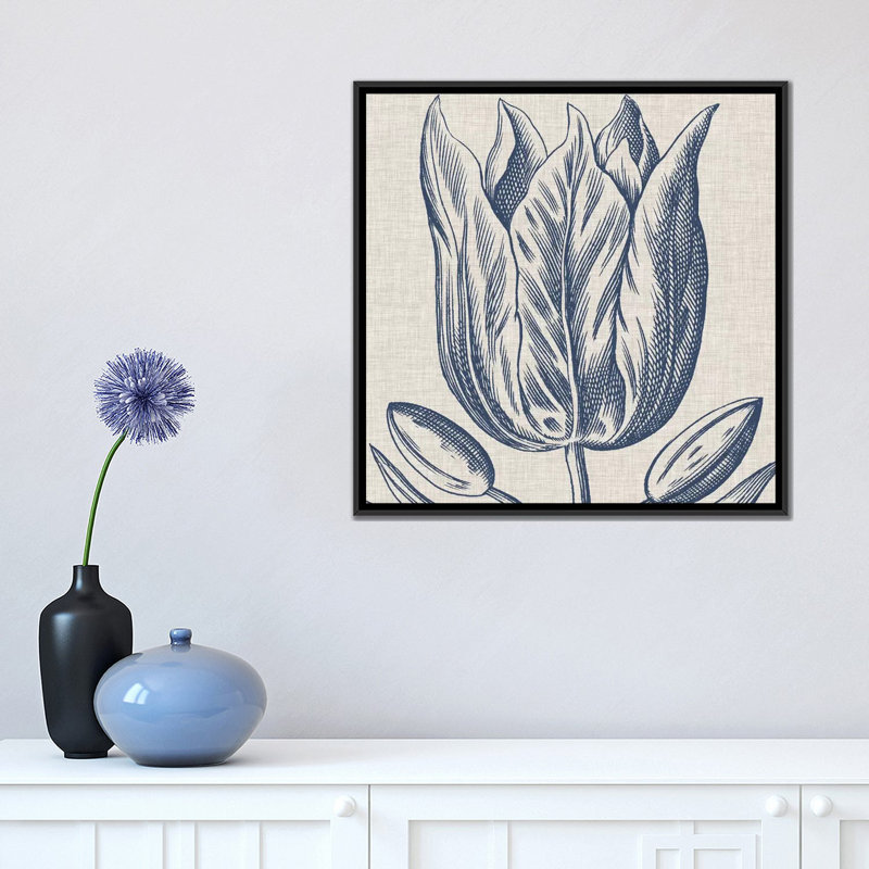 « indigo floral on linen vi », reproduction de dessin sur toile tendue, H 18 po x l 18 po x P 1,5 po, Toile avec cadre noir