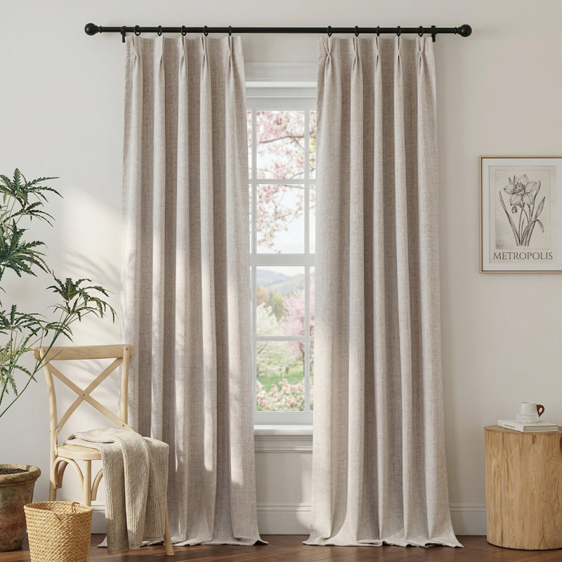 100% Blackout Linen Curtains for Bedroom, Pinch Pleated Rustic Linen Weave Window Treatments Thermal Insulated Drapes Sound Reducing for Living Room/Playroom, 2 Panels