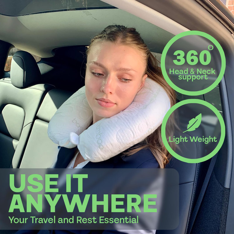 Memory Foam Travel Pillow, Rayon From Bamboo Cover, Head and Neck Support, Cooling U-Shaped Pillow