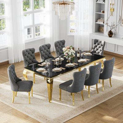 Large Dining Set, 9-Piece Modern 94" Black Tempered Glass Dining Table, 8 Velvet Chairs With Tufted Back And Nailhead Trim, Mirror Stainless Steel Legs