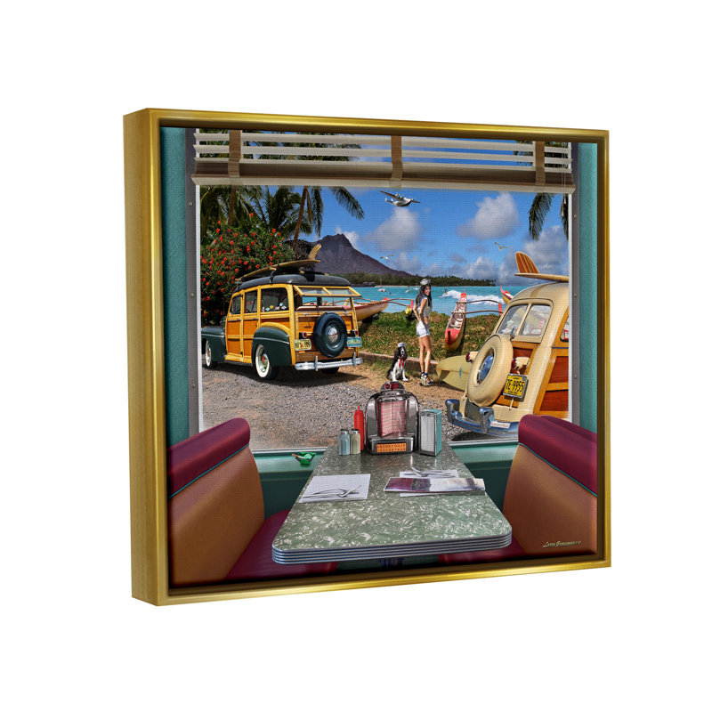 Diner rétro avec vue sur la plage, H 25 po x l 31 po x P 1,7 po, Cadre flottant métallique doré