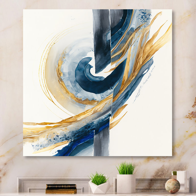 Bleu et or tourbillon abstrait V - décoration murale moderne en métal, H 23 po x l 23 po x P 1 po