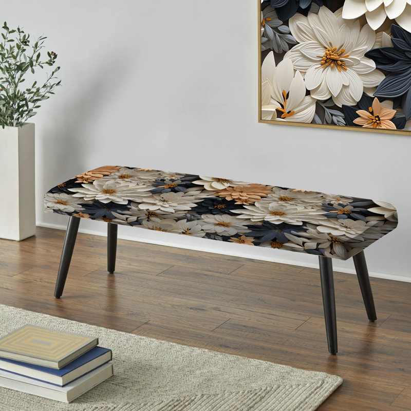 White And Gold Tropical Floral Paradise II - Floral Upholstered Black Bench