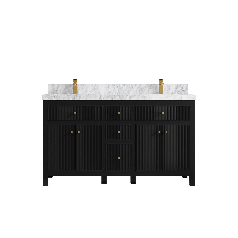 Ensemble de meuble-lavabo double l 60 po, Noir, Marbre de Carrare