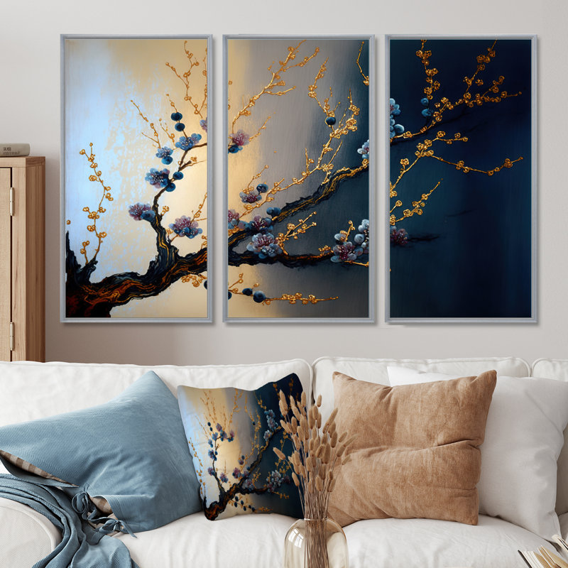 Blue Cherry Blossom Branch I - ensemble d'art mural moderne sur toile, Cadre flottant en érable, H 32 po x l 48 po