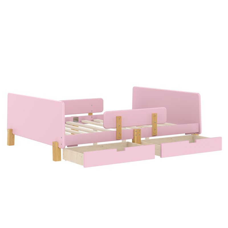 Lit plateforme double rose avec tiroirs de rangement, structure en bois massif, rail et tablette pour garde-corps en pin