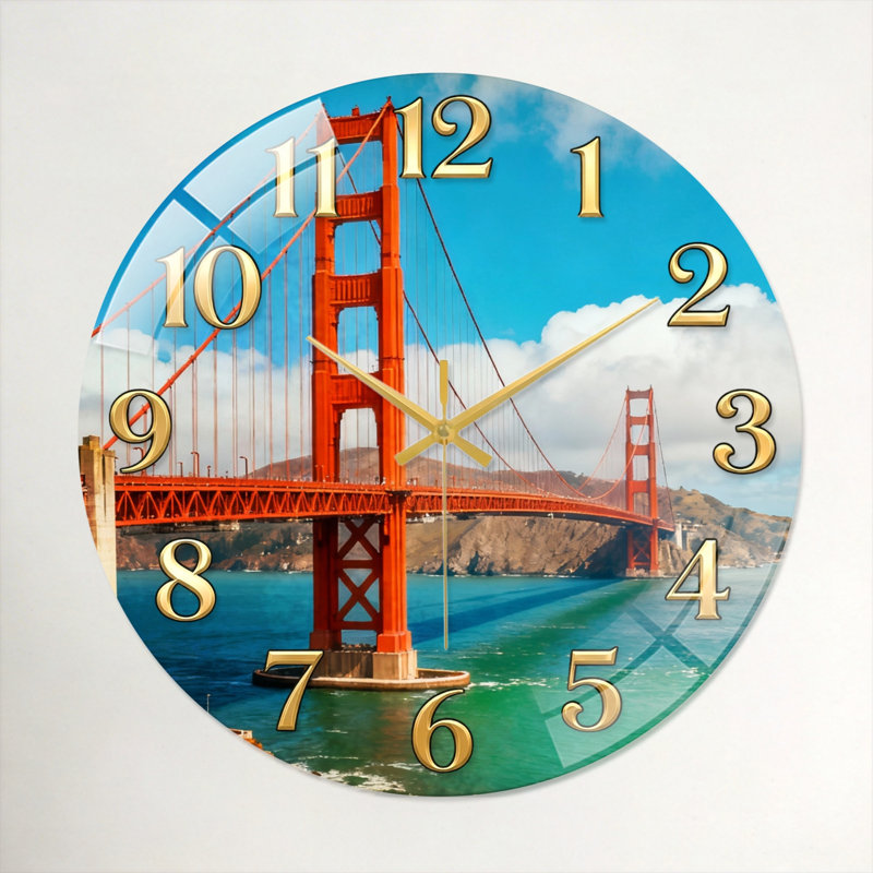 Horloge murale en verre Golden Gate, 40 x 40 cm (15,7 x 15,7 pouces)