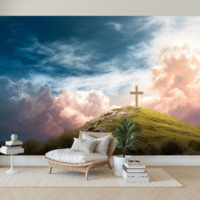 Peel and Stick Wallpaper 96" W x 69" H Modern Self Adhesive Wall Mural for Bedroom Christian Cross rock hill