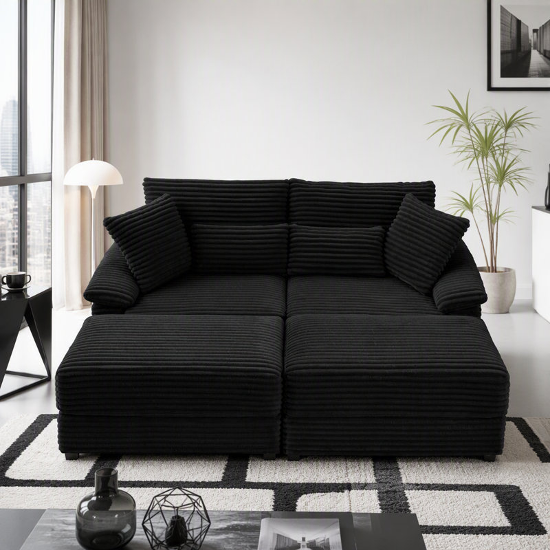 Ensemble de méridienne double avec pouf réversible, tissu velours côtelé doux, rangement, port USB, siège/table multifonction pour salon