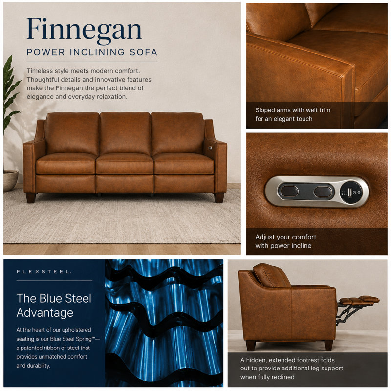 Finnegan 82" Genuine Leather Power Reclining Sofa, Brown