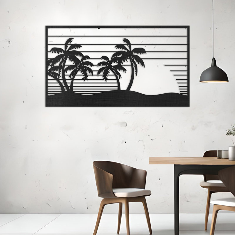 Art mural rectangulaire avec palmiers et lignes - ACM, H 18 po x l 32 po x P 0,25 po, Blanc