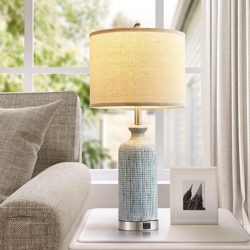Set of 2 Blue and White Ceramic Table Lamps with Linen Shades