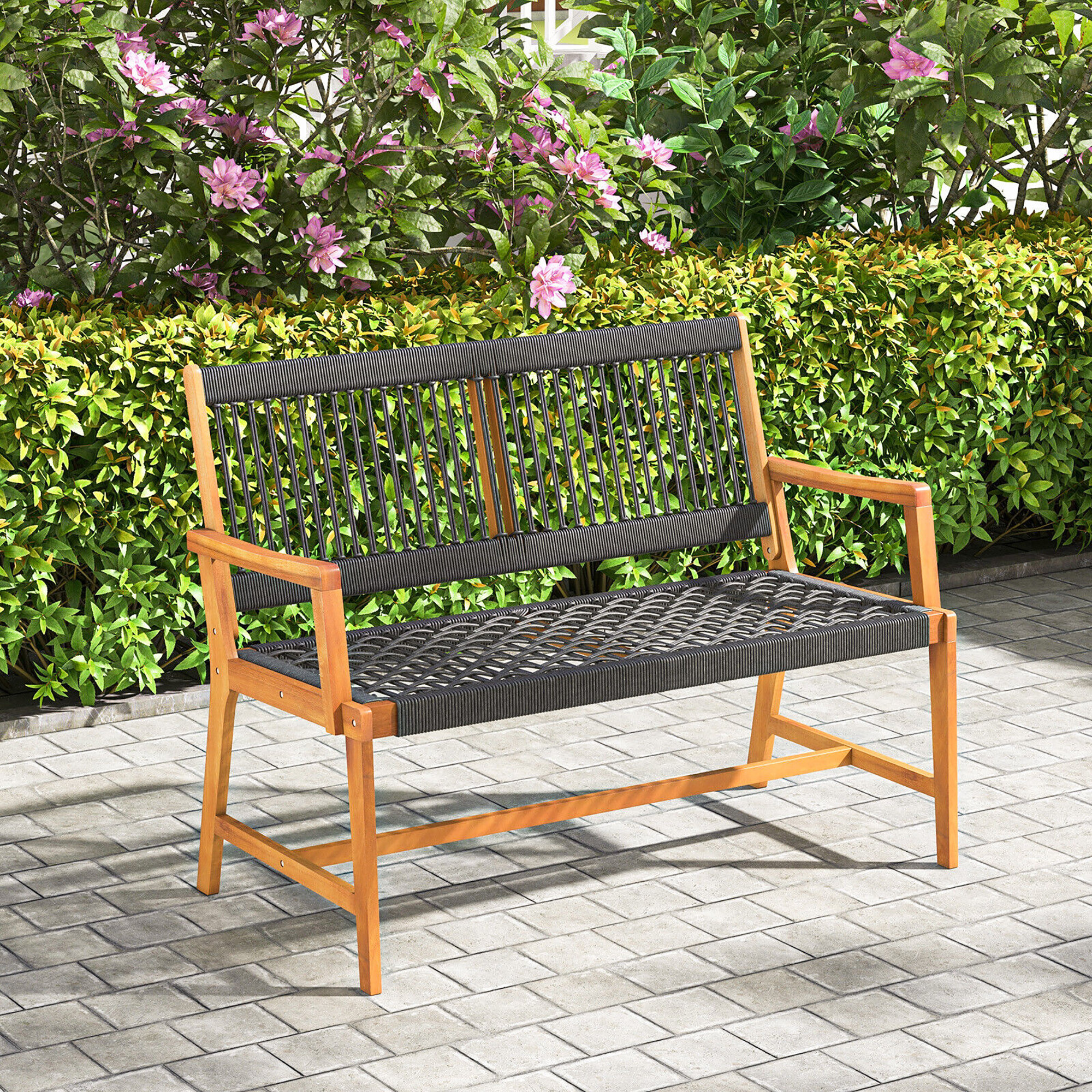 Winston Porter Patio 2-person Acacia Wood Bench All-weather Rope Woven ...