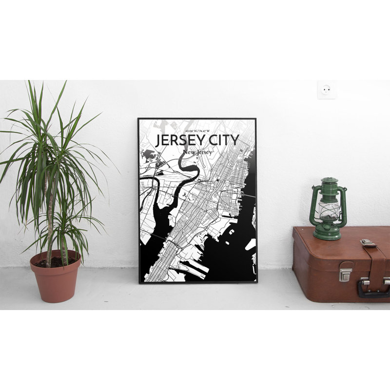 «Jersey City City Map», reproduction d'impression à l'encre / blanc, H 17 po x l 11 po