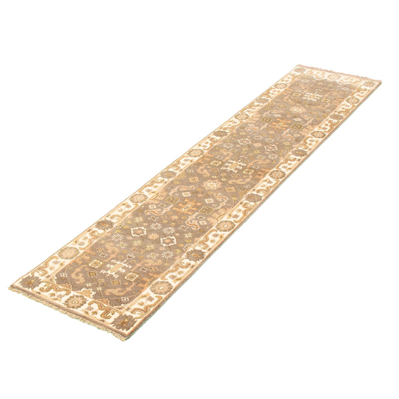 Tapis de couloir en laine noué à la main de conception unique noué à la main New Age 2 pi 5 po x 11 pi 9 po Tapis décoratif Ivoire/brun