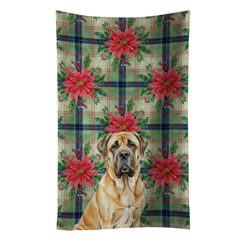 Fawn English Mastiff Christmas PoinsettIas Kitchen Towel, Fawn English Mastiff
