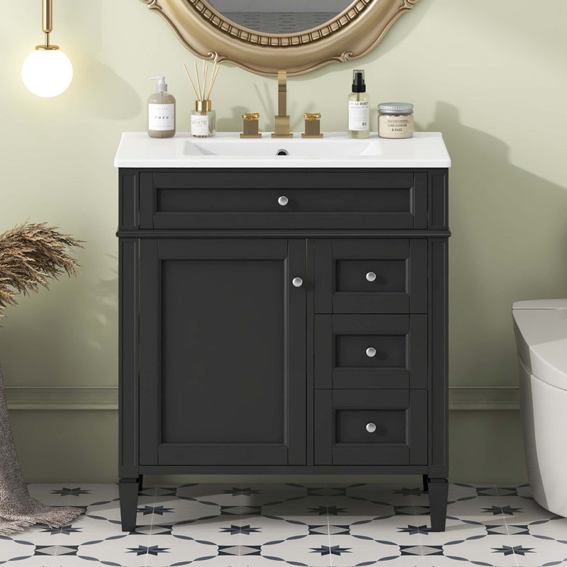 Meuble-lavabo moderne de 30 pouces avec lavabo supérieur, armoire de rangement, 2 tiroirs et tiroir rabattable pour une organisation efficace