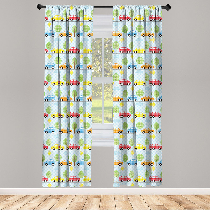 Baby Curtains, Checkered Background with Cars Trees Sun Open Sky Abstract Geometric Cartoon Design Semi-Sheer Rod Pocket Sliding Panel