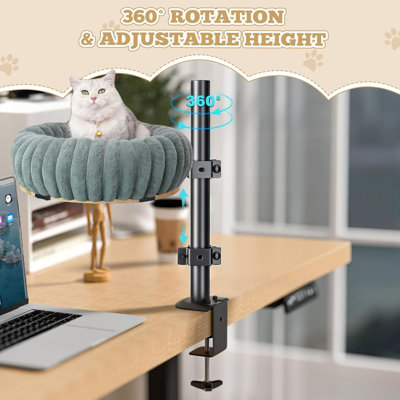 Lit de bureau rotatif à 360° gris pour chat, perchoir réglable en hauteur avec design semi-fermé et coussin amovible, fixation sans perçage compatible avec les bureaux jusqu'à 6 cm d'épaisseur, supporte jusqu'à 10 kg, idéal pour le bureau, les tables de jeu et les chats de toutes tailles.