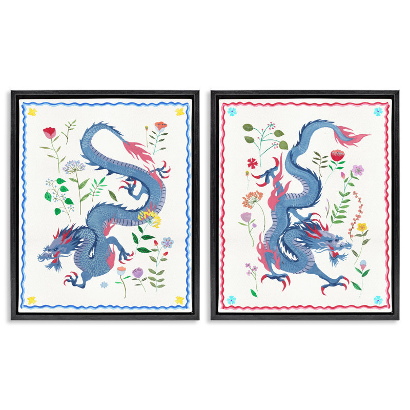  Dragons avec détails de fleurs, ensemble de 2 toiles flottantes encadrées par Melissa Wang, Cadre flottant noir de jais
