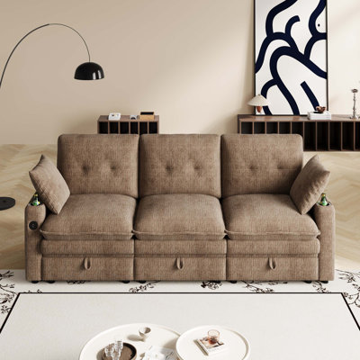 Canapé de 89 pouces pour trois personnes avec rangement, accoudoirs avec table cachée et ports USB, et accoudoirs avec fonction de rangement, canapé en cachemire de haute qualité pour trois personnes, convenant aux salons