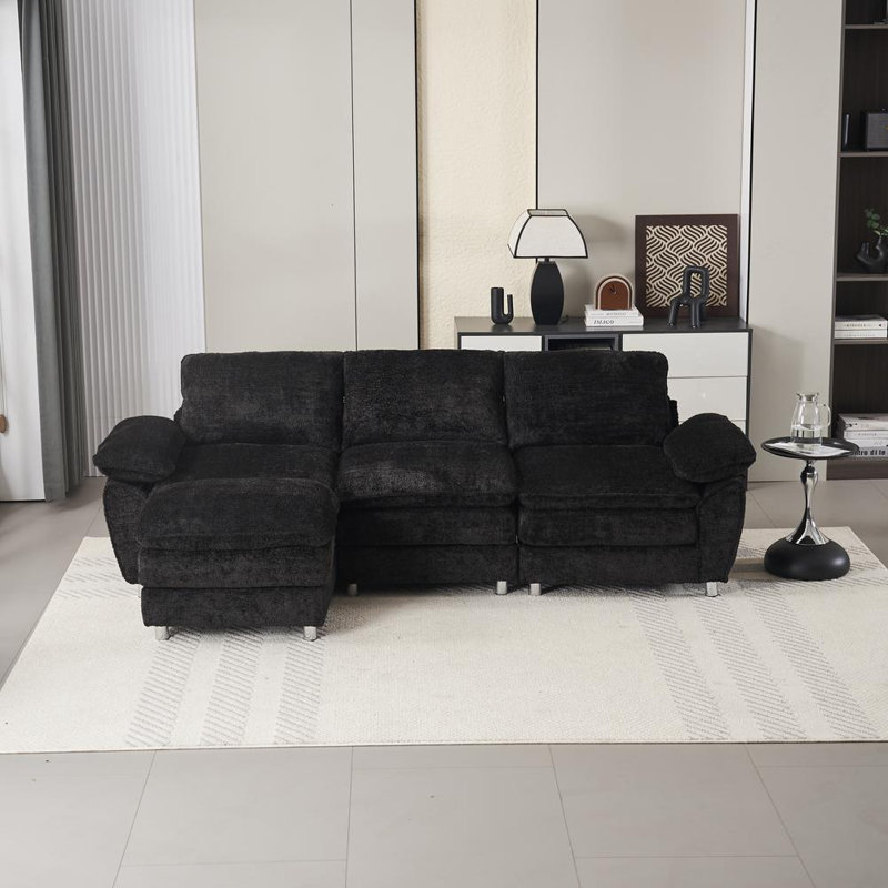Modern Deep 3-Seat Sofa Couch with Ottoman, Black