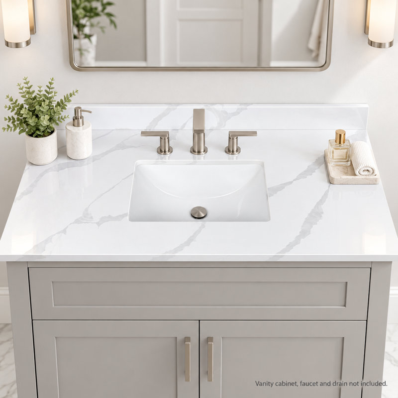 49" Carrara White Engineered Quartz Bathroom Vanity Top with Single Sink, Undermount Basin