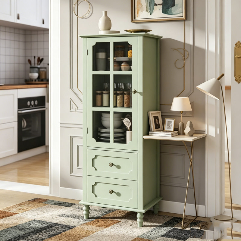 Buffet avec portes en verre et double tiroir, Mint Green