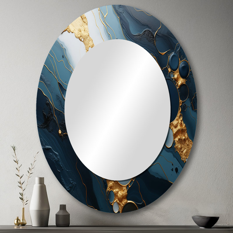 Miroir décoratif ovale abstrait en métal doré et bleu Essence magique III, 43 po x 33 po