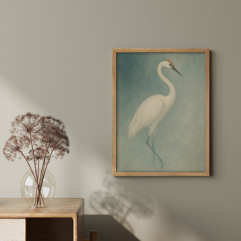 Reproduction d'art murale encadrée - grue blanche élégante sur fond bleu-vert, art de la nature minimaliste pour les chambres à coucher ou les vestibules