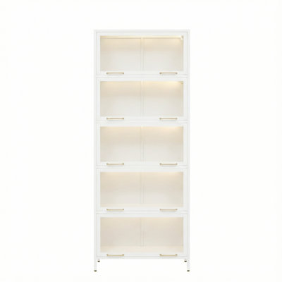 Vitrine de 76,75 po en fer avec portes en verre, bibliothèque en acier à 5 niveaux avec lumières DEL pour objets de collection, armoire vitrée de style moderne pour la maison, le salon, le bureau, la salle de jeux et d'étude - blanc