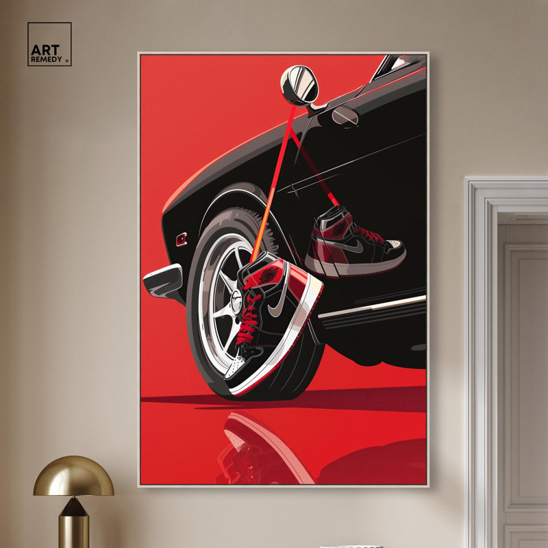 «Red Bold Sneaker and Car Canvas Sports», art mural , Encadrement argenté, H 55 po x l 37 po