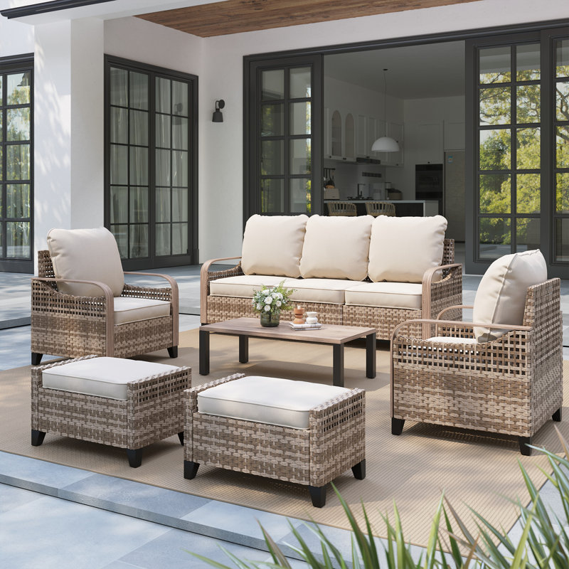 Ensemble de conversation pour patio 6 pièces, canapé 3 places, 2 fauteuils, 2 repose-pieds et table basse, structure en acier avec transfert de chaleur à grain de bois, coussins en oléfine pour le patio, la cour, le porche et la piscine