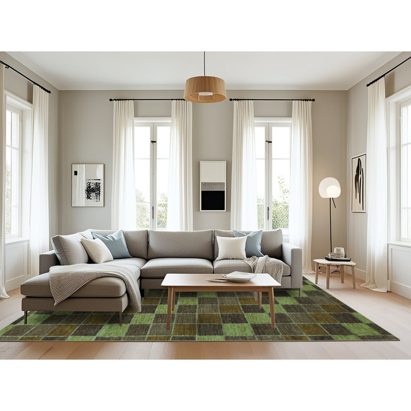 Tapis à carreaux en laine / polyester tissé à la machine en vert / brun, Rectangle 8 pi x 10 pi