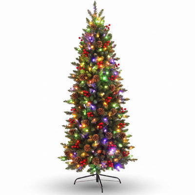 6.5' Pre-Lit Slim Christmas Tree with Dual-Color LEDs, Pinecones & Red Berries
