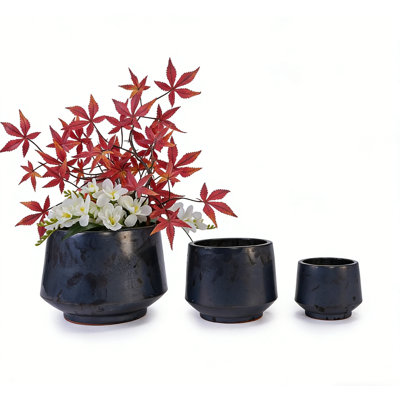 3-Piece Black Matte Ceramic Flowerpot Set, 15/11/9 inches, Breathable Clay, Suitable for Orchids, Succulent Cacti, Indoor and Outdoor Decorative windowsills or Bookshelves