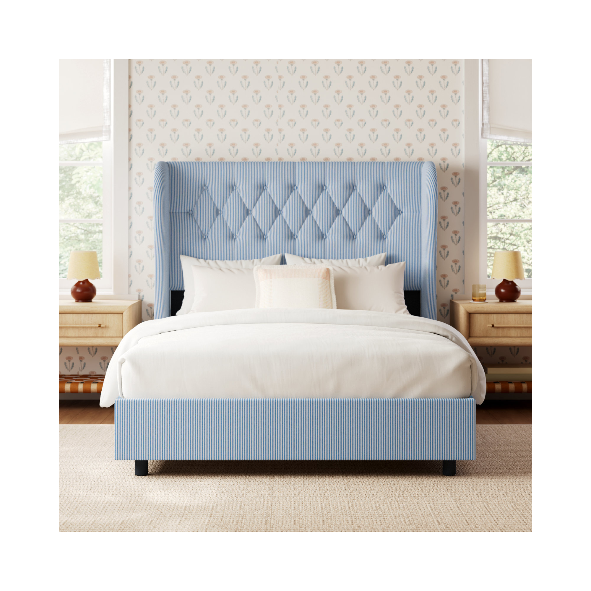 Tomey Upholstered Wingback Bed, Prep Stripe Blue, Queen
