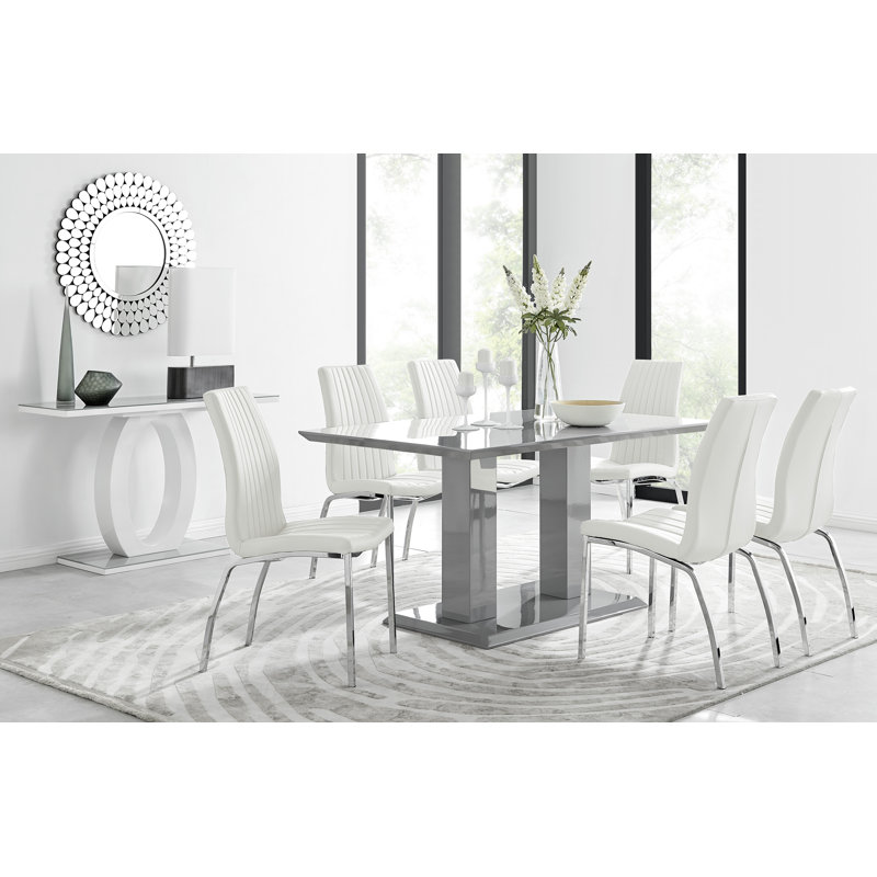 Eubanks High Gloss Double Pillar Dining Table Set with 6 Luxury Faux Leather Dining Chairs, White, Gray