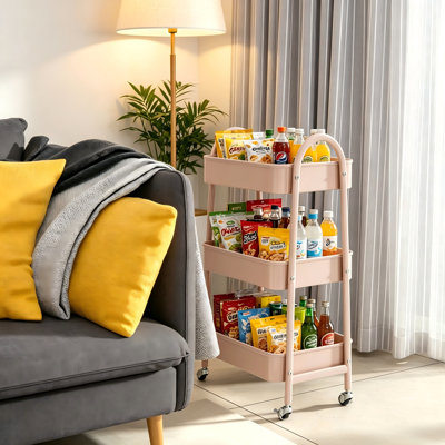 Chariot de rangement mobile en métal beige à trois couches avec roulettes à poignée et panier en maille, polyvalent pour le rangement et le rangement multi-scène