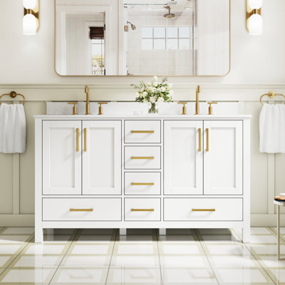 Meuble-lavabo autoportant en bois massif l 60 po x H 35 po avec comptoir en marbre de culture blanc de Carrare et double lavabo en céramique, blanc