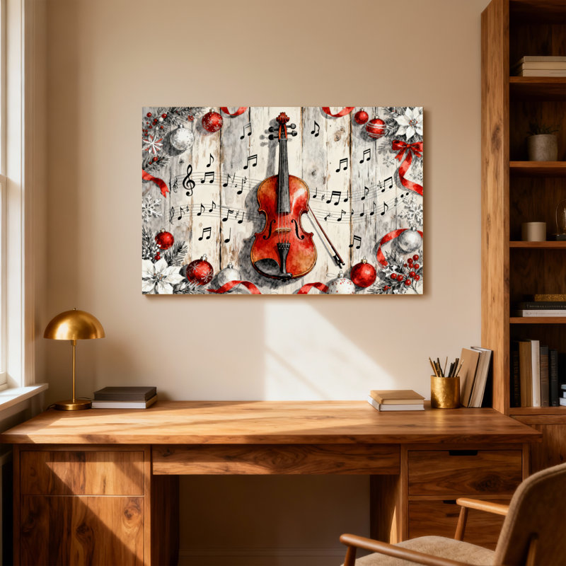 Noël, violon, notes de musique, ornements de Noël, rubans, flocons de neige, H 20 po x l 30 po