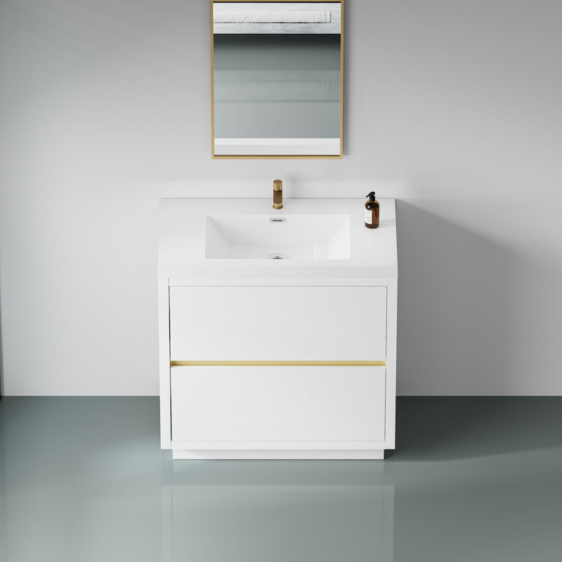 Meuble-lavabo de salle de bain avec comptoir en résine de pierre et tiroirs à fermeture en douceur, Blanc