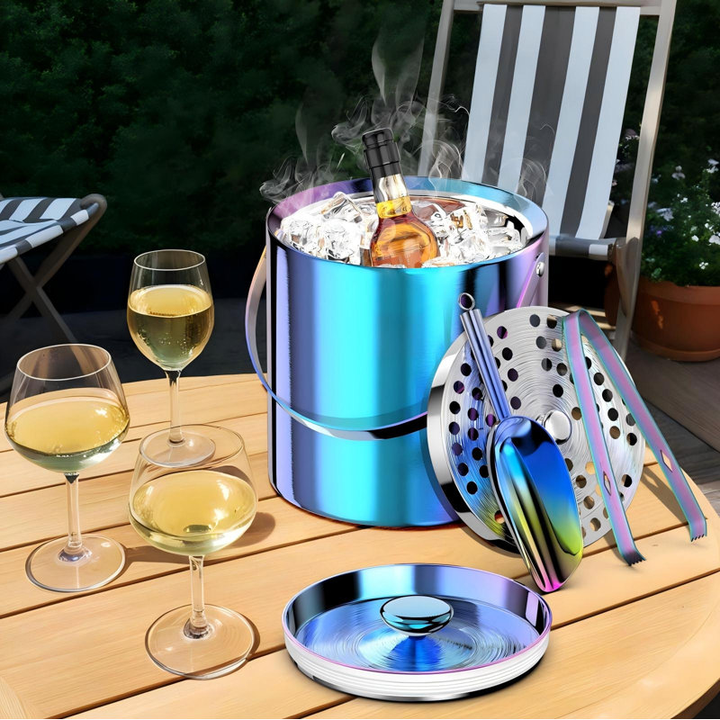 Seau à glace avec couvercle, pelle, pinces et passoire, seau à glace à double paroi isolé, garde la glace congelée plus longtemps, (Arc-en-ciel)