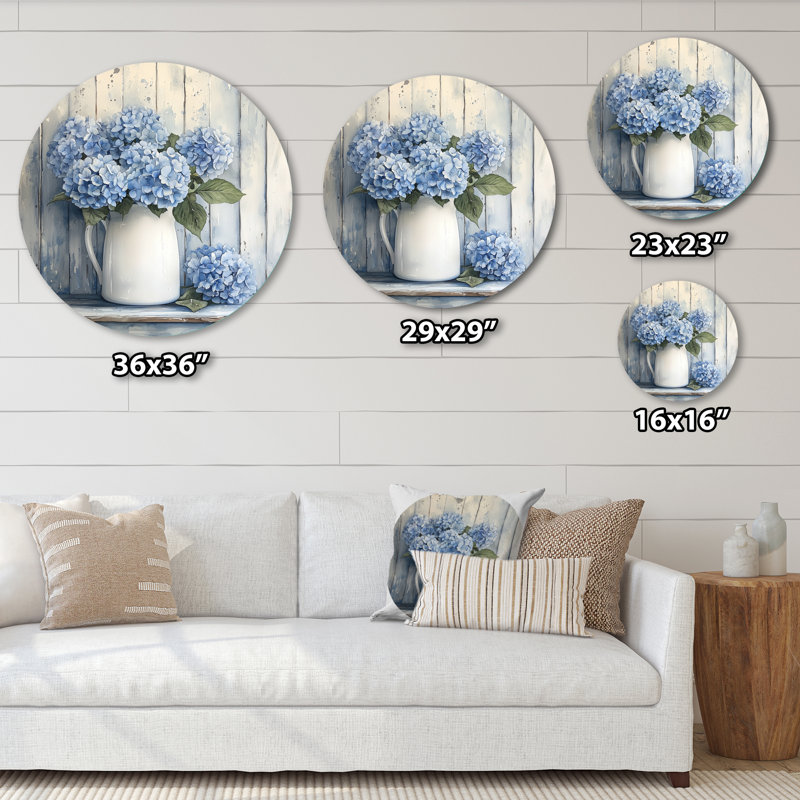 Minimalisme hortensias dans un pot à lait II - impression d'art en métal bleu traditionnel, H 36 po x l 36 po