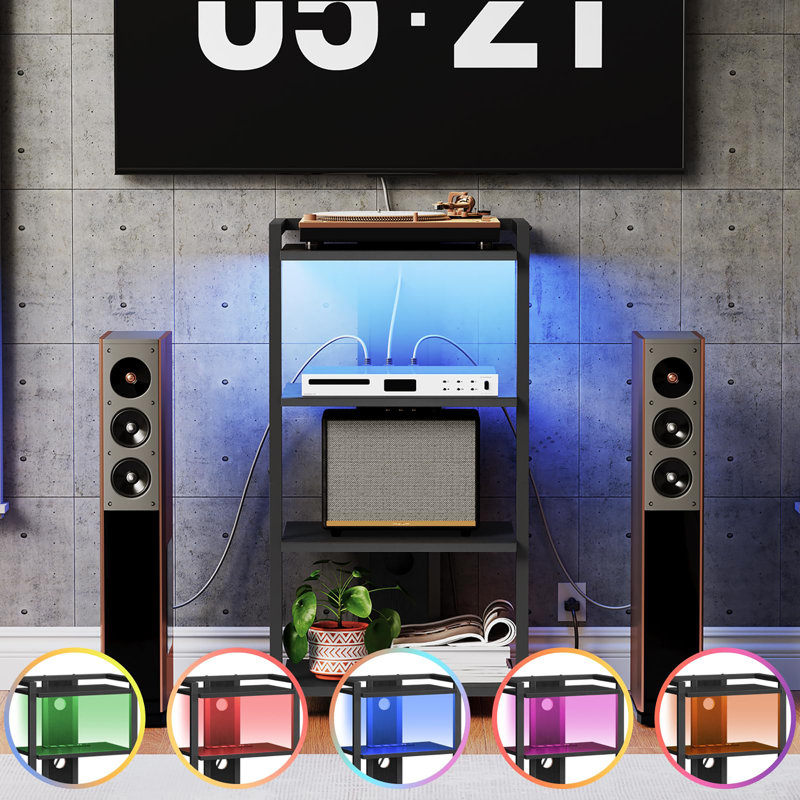 4-Tier AV Media Console With Charging Station and LED Light, Black