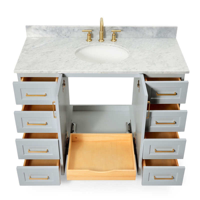 Nobe 48'' Solid Wood Single Bathroom Vanity with 0.75'' Carrara Marble Top, Gray, Oval, 54"