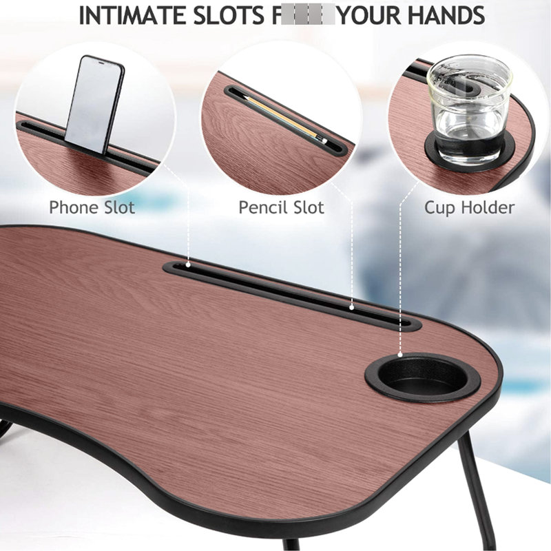 Support portable pour ordinateur portable en bois, pliable avec rainure pour tasse et surface lisse, adapté aux adultes dans différents contextes. Surface en bois rainurée, idéale pour travailler ou faire ses devoirs.